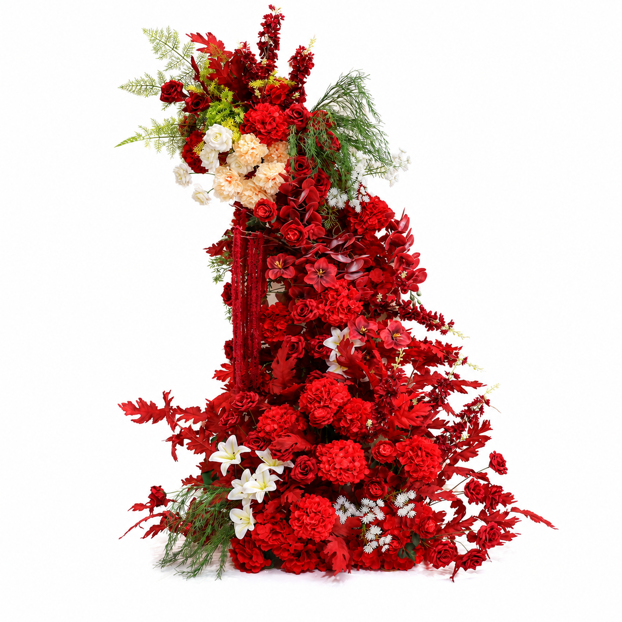 260cm Red Cream Asymmetrical Floral Pillar Arrangement, Artificial Red Rose Orchid Maple Leaf Vertical Flower Column, Burgundy Fall Wedding Aisle Sweetheart Table Floral Backdrop Decor, Stand Not Included