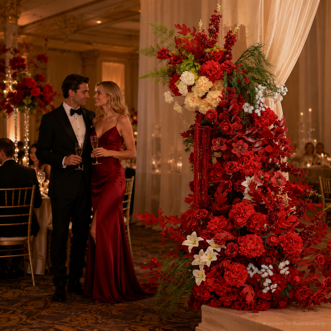 260cm Red Cream Asymmetrical Floral Pillar Arrangement, Artificial Red Rose Orchid Maple Leaf Vertical Flower Column, Burgundy Fall Wedding Aisle Sweetheart Table Floral Backdrop Decor, Stand Not Included