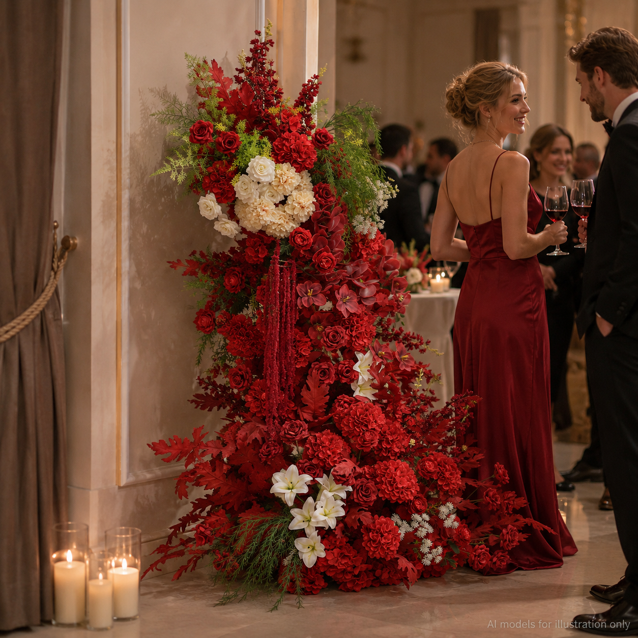 260cm Red Cream Asymmetrical Floral Pillar Arrangement, Artificial Red Rose Orchid Maple Leaf Vertical Flower Column, Burgundy Fall Wedding Aisle Sweetheart Table Floral Backdrop Decor, Stand Not Included