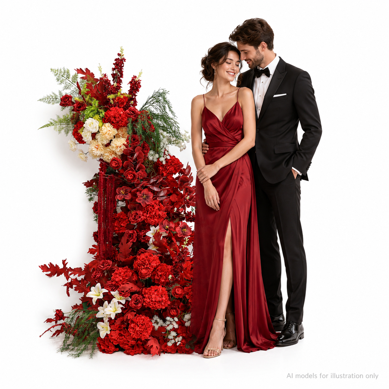260cm Red Cream Asymmetrical Floral Pillar Arrangement, Artificial Red Rose Orchid Maple Leaf Vertical Flower Column, Burgundy Fall Wedding Aisle Sweetheart Table Floral Backdrop Decor, Stand Not Included