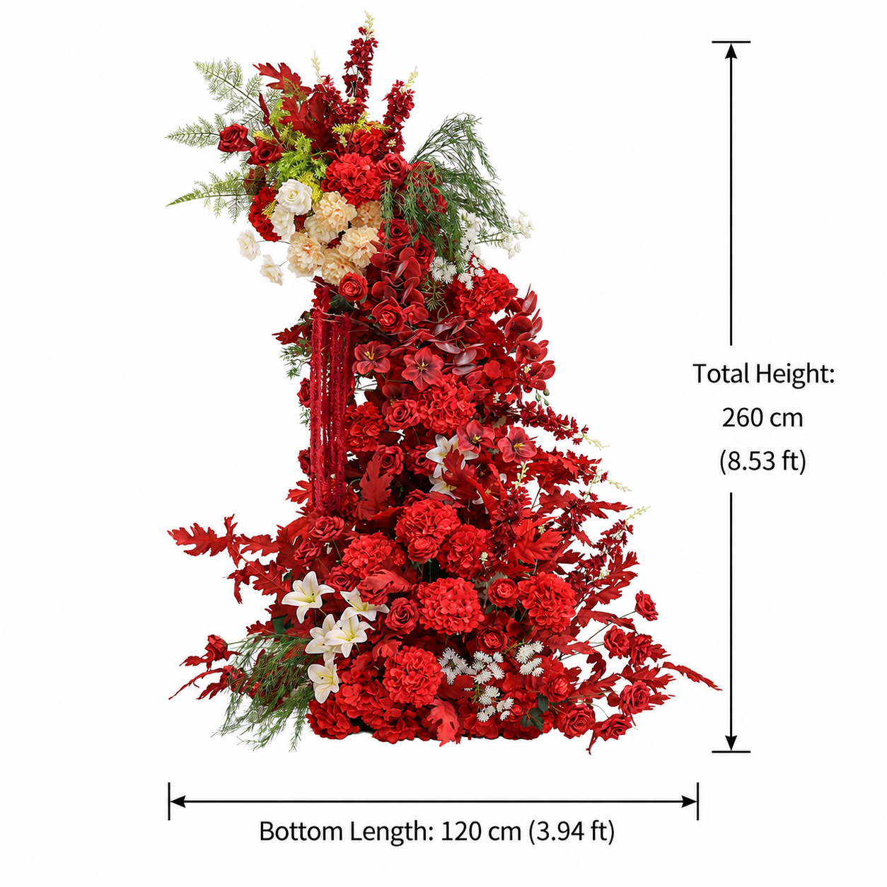 260cm Red Cream Asymmetrical Floral Pillar Arrangement, Artificial Red Rose Orchid Maple Leaf Vertical Flower Column, Burgundy Fall Wedding Aisle Sweetheart Table Floral Backdrop Decor, Stand Not Included