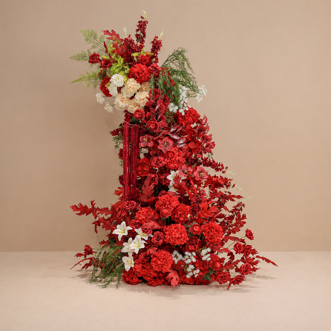 260cm Red Cream Asymmetrical Floral Pillar Arrangement, Artificial Red Rose Orchid Maple Leaf Vertical Flower Column, Burgundy Fall Wedding Aisle Sweetheart Table Floral Backdrop Decor, Stand Not Included