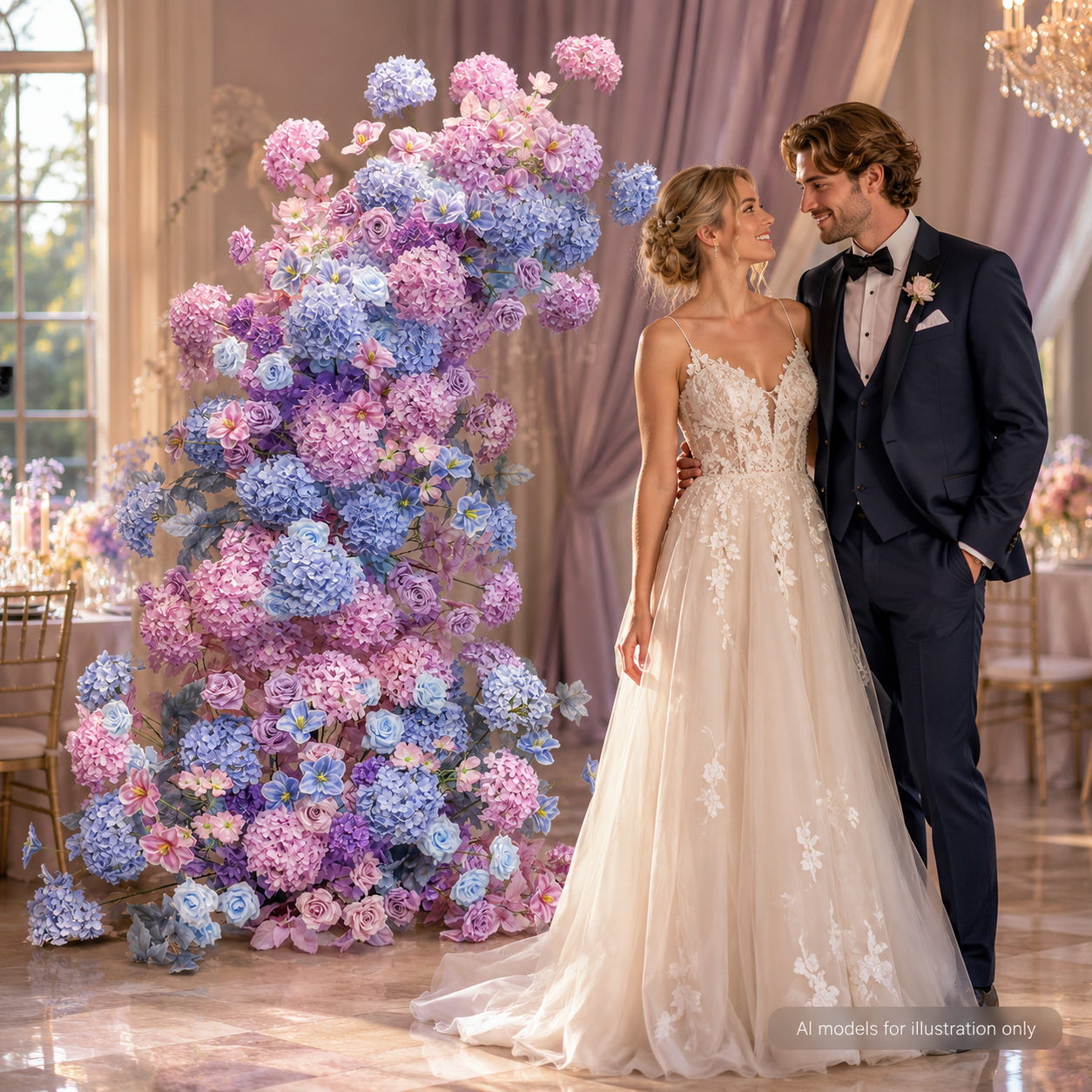 260cm Pastel Purple Blue Pink Asymmetrical Floral Pillar Arrangement, Artificial Hydrangea Rose Vertical Flower Column, Spring Wedding Aisle Sweetheart Table Floral Backdrop Decor, Stand Not Included