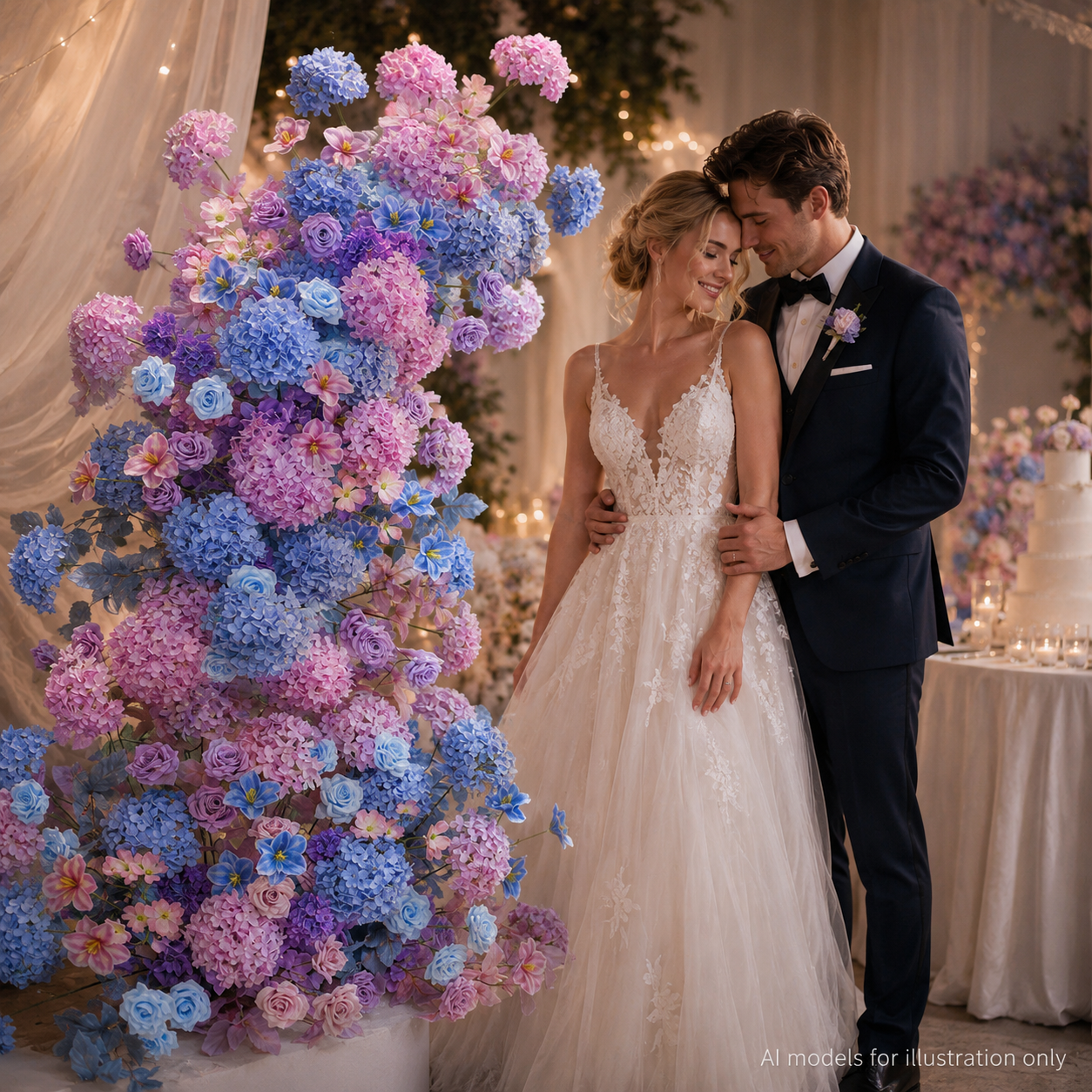 260cm Pastel Purple Blue Pink Asymmetrical Floral Pillar Arrangement, Artificial Hydrangea Rose Vertical Flower Column, Spring Wedding Aisle Sweetheart Table Floral Backdrop Decor, Stand Not Included