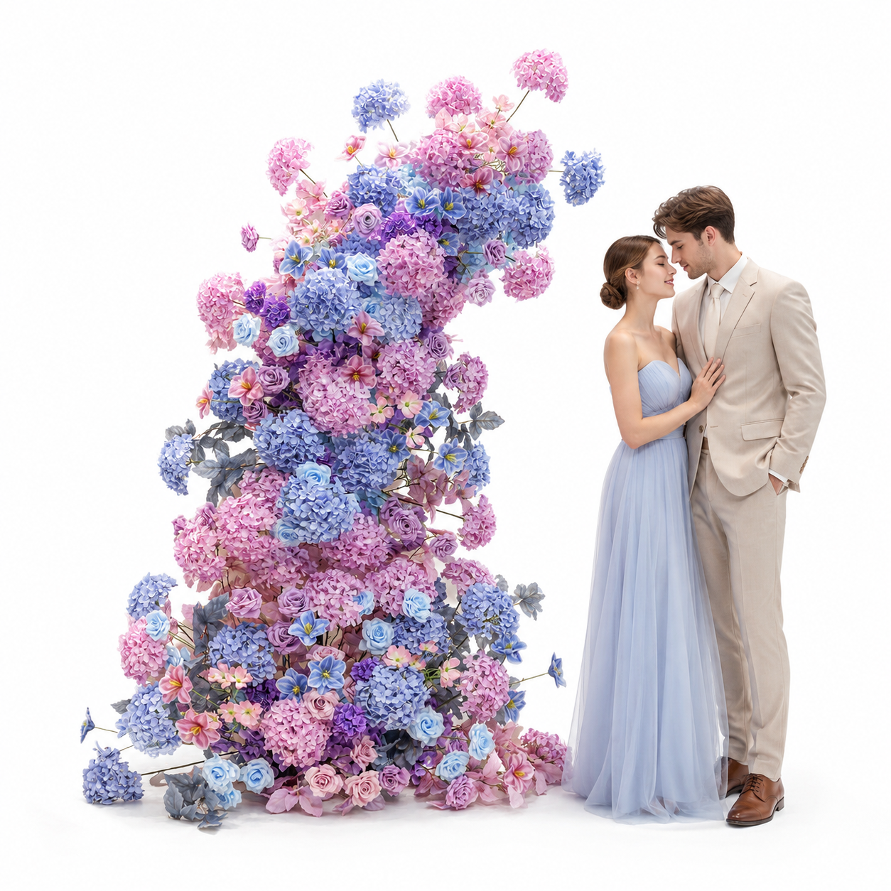 260cm Pastel Purple Blue Pink Asymmetrical Floral Pillar Arrangement, Artificial Hydrangea Rose Vertical Flower Column, Spring Wedding Aisle Sweetheart Table Floral Backdrop Decor, Stand Not Included
