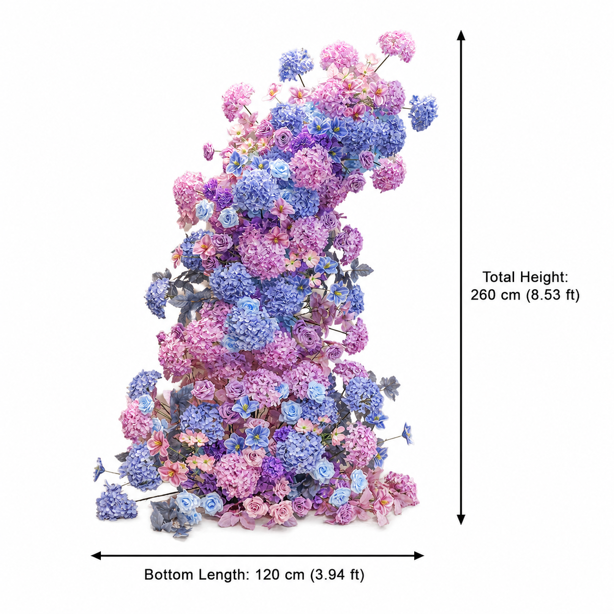 260cm Pastel Purple Blue Pink Asymmetrical Floral Pillar Arrangement, Artificial Hydrangea Rose Vertical Flower Column, Spring Wedding Aisle Sweetheart Table Floral Backdrop Decor, Stand Not Included