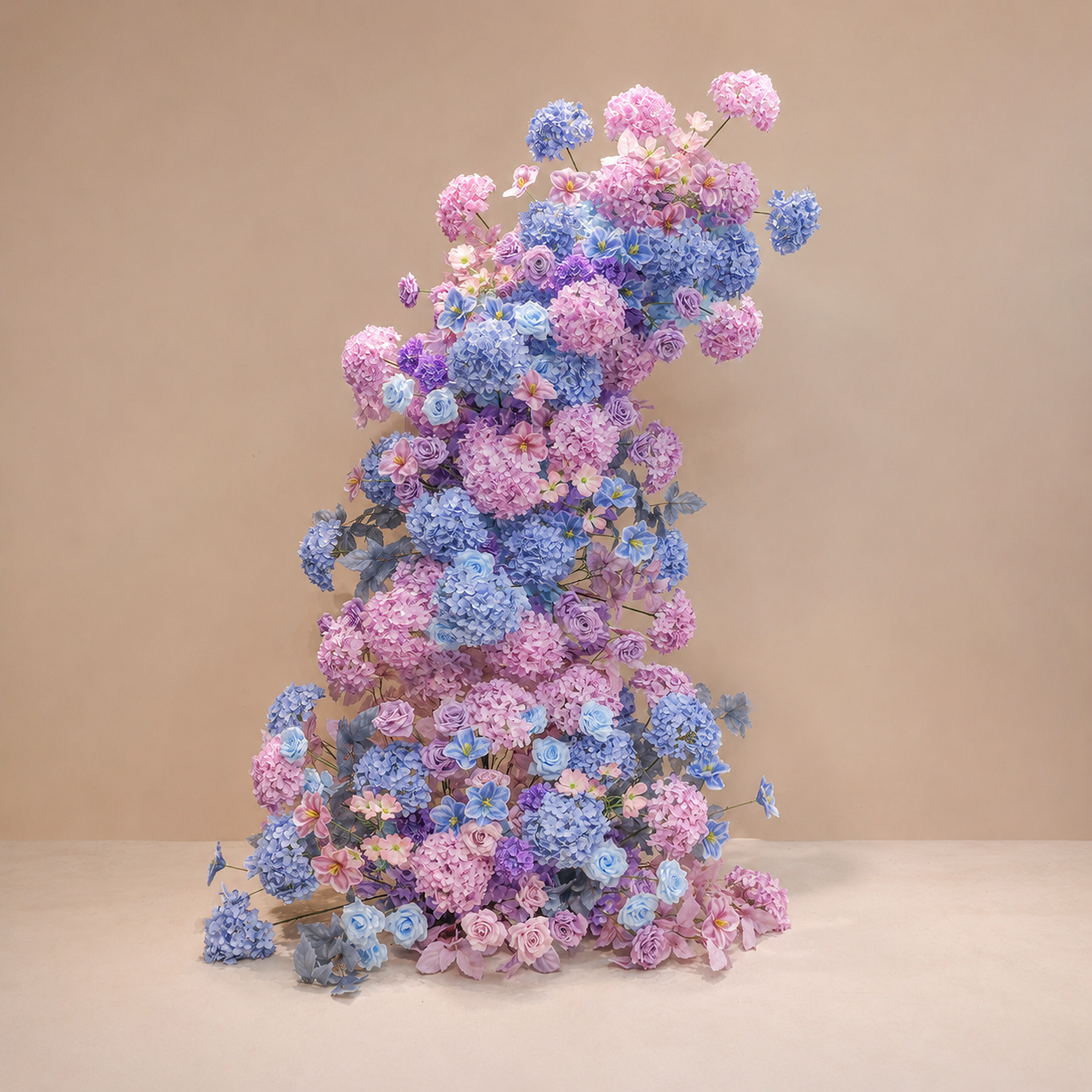 260cm Pastel Purple Blue Pink Asymmetrical Floral Pillar Arrangement, Artificial Hydrangea Rose Vertical Flower Column, Spring Wedding Aisle Sweetheart Table Floral Backdrop Decor, Stand Not Included
