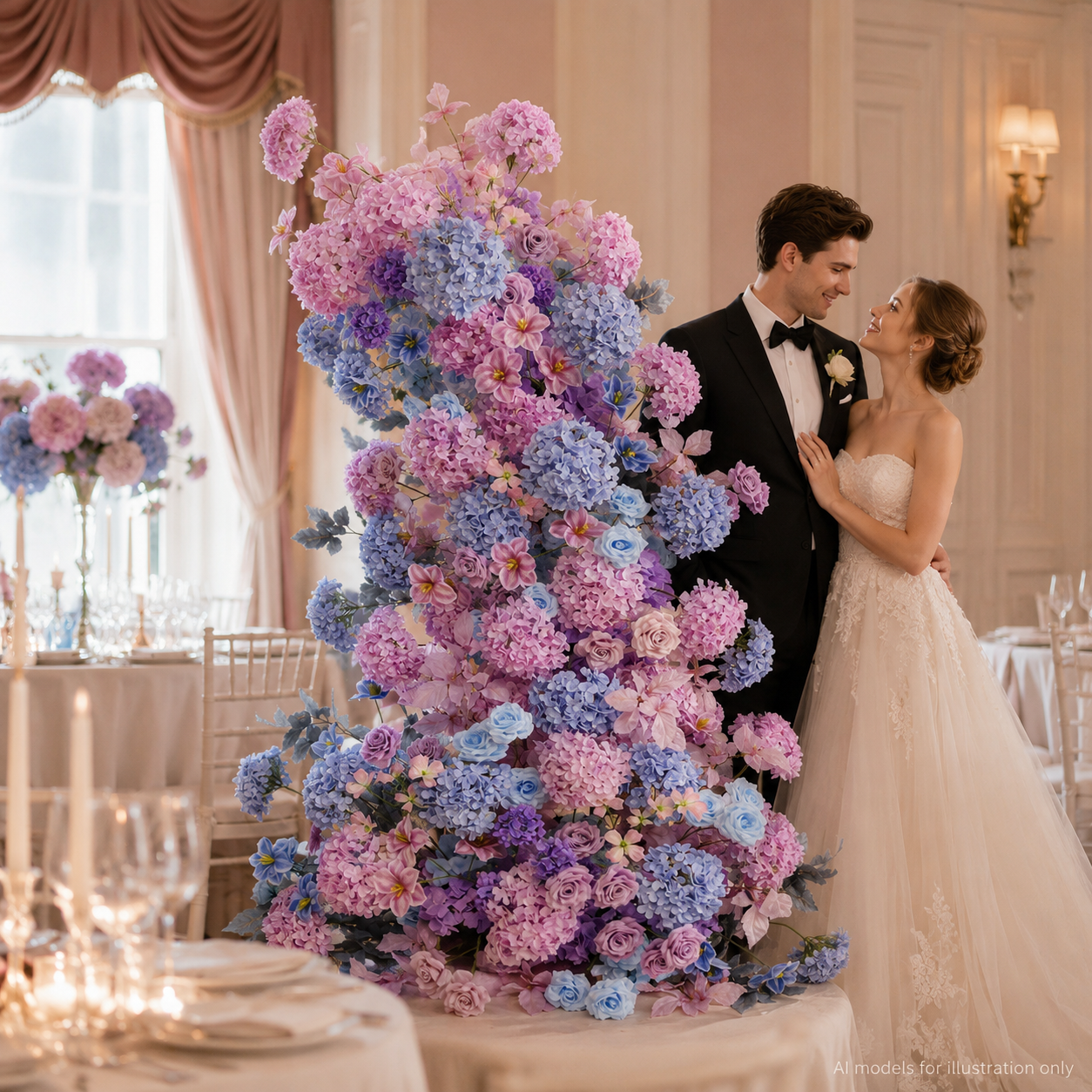 260cm Pink Lavender Blue Asymmetrical Floral Pillar Arrangement, Artificial Hydrangea Rose Vertical Flower Column, Spring Garden Wedding Aisle Sweetheart Table Floral Backdrop Decor, Stand Not Included
