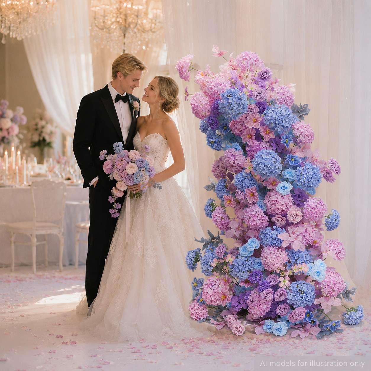260cm Pink Lavender Blue Asymmetrical Floral Pillar Arrangement, Artificial Hydrangea Rose Vertical Flower Column, Spring Garden Wedding Aisle Sweetheart Table Floral Backdrop Decor, Stand Not Included