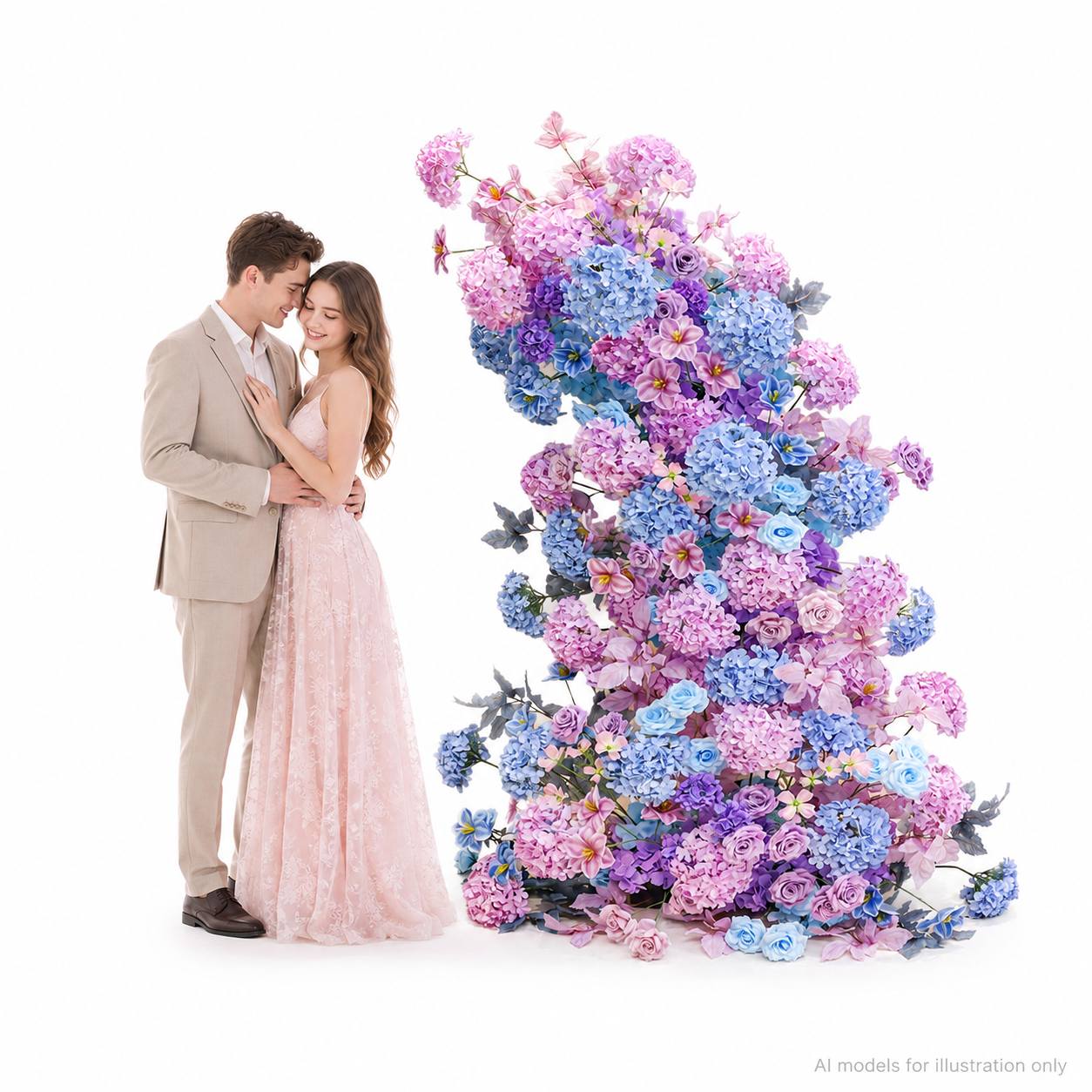 260cm Pink Lavender Blue Asymmetrical Floral Pillar Arrangement, Artificial Hydrangea Rose Vertical Flower Column, Spring Garden Wedding Aisle Sweetheart Table Floral Backdrop Decor, Stand Not Included