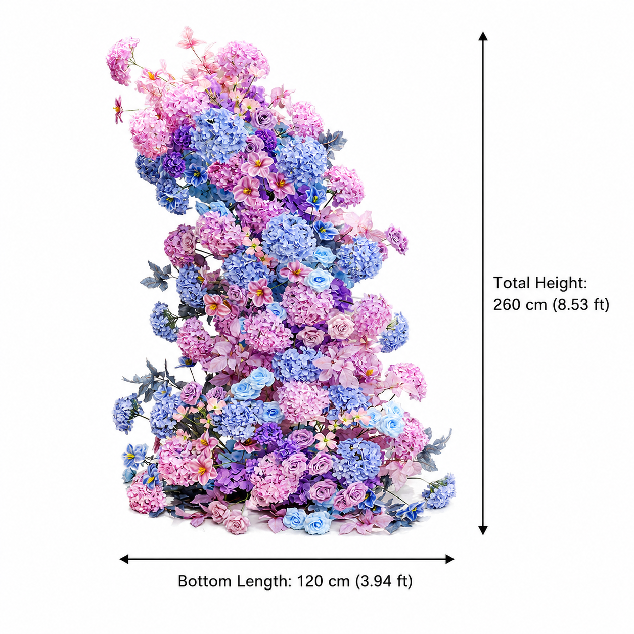 260cm Pink Lavender Blue Asymmetrical Floral Pillar Arrangement, Artificial Hydrangea Rose Vertical Flower Column, Spring Garden Wedding Aisle Sweetheart Table Floral Backdrop Decor, Stand Not Included