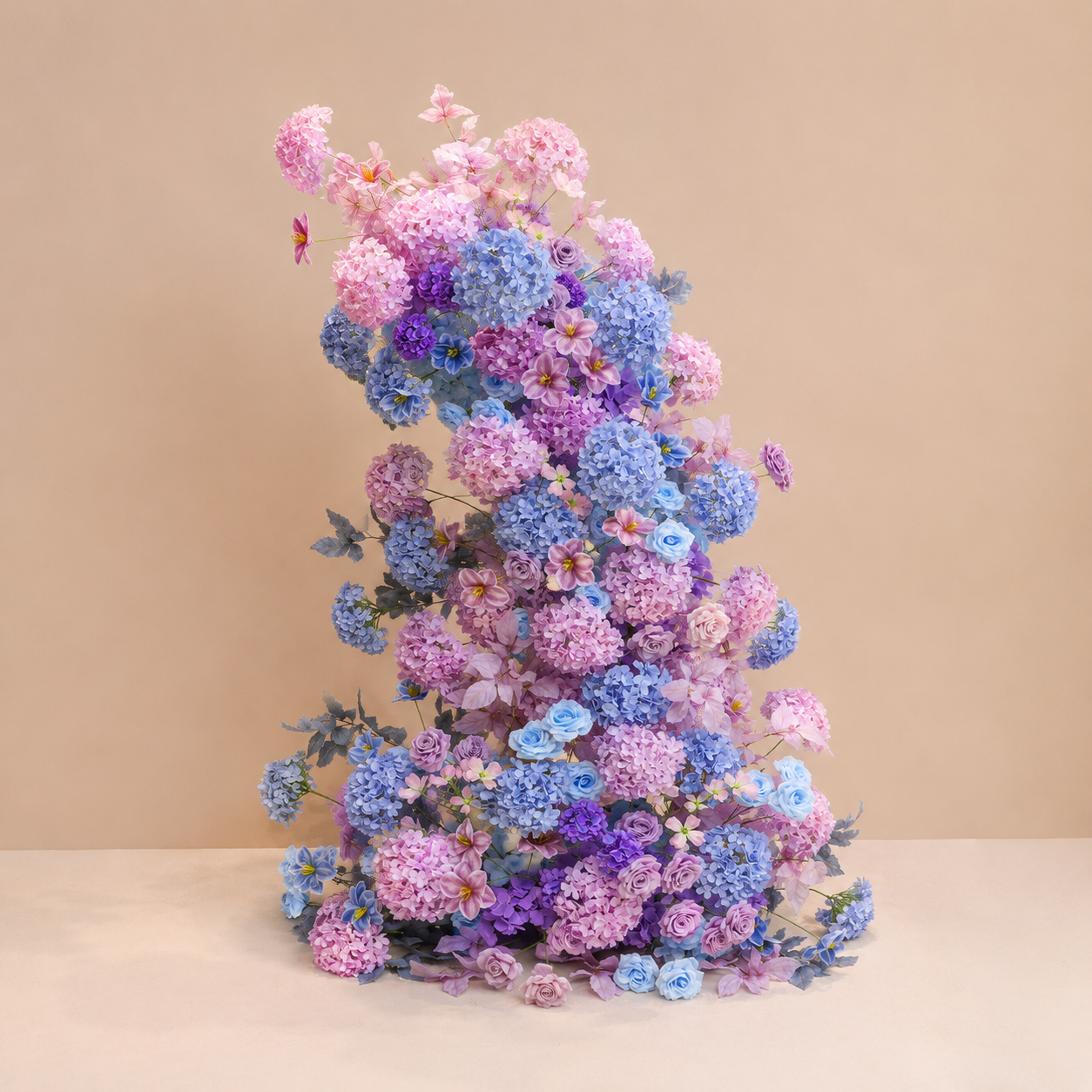 260cm Pink Lavender Blue Asymmetrical Floral Pillar Arrangement, Artificial Hydrangea Rose Vertical Flower Column, Spring Garden Wedding Aisle Sweetheart Table Floral Backdrop Decor, Stand Not Included