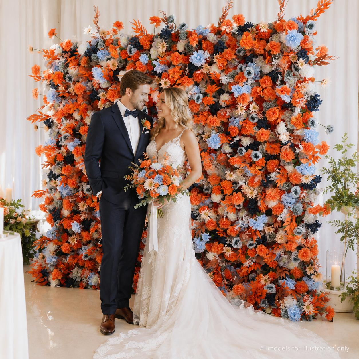 Generic Orange and Blue Flower Wall Backdrop, 4 x 8 ft,8 x 8ft,10 x 10ft