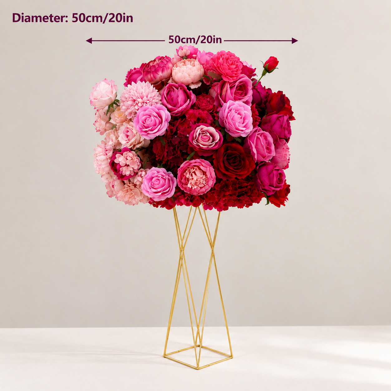 Artificial Flower Ball, Pink Red Ombre Centerpiece, Stand Not Included 20 in / 50 cm,24 in / 60 cm,28 in / 70 cm