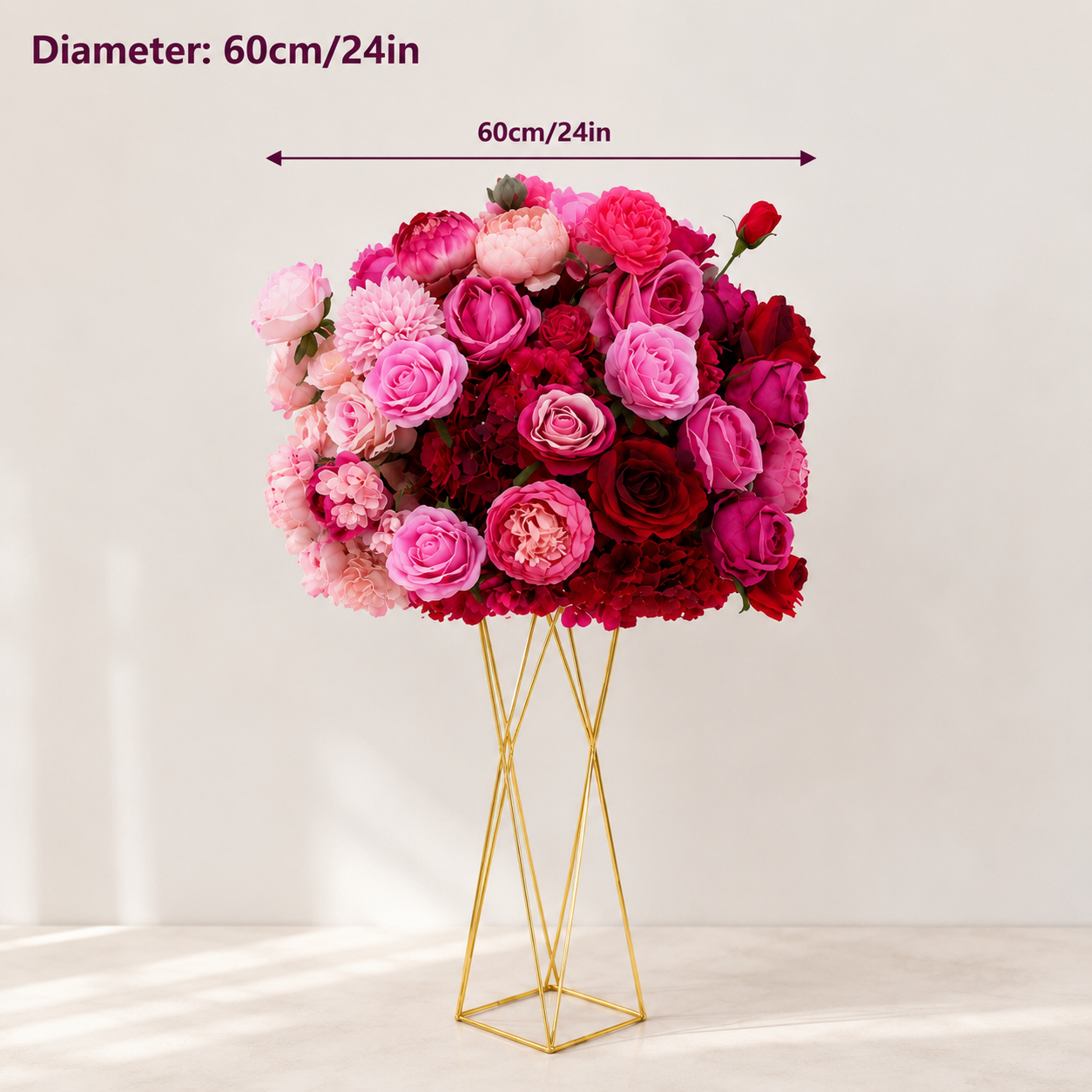Artificial Flower Ball, Pink Red Ombre Centerpiece, Stand Not Included 20 in / 50 cm,24 in / 60 cm,28 in / 70 cm