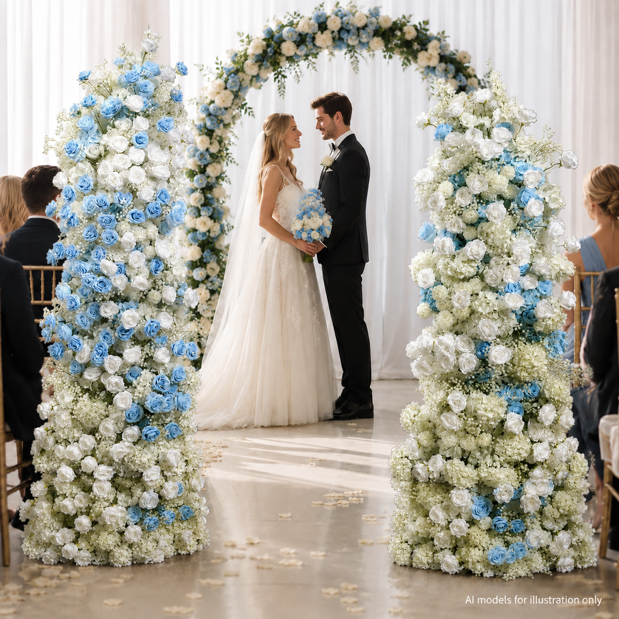 Blue White Rose Floral Pillar Arrangement, Artificial Flower Column Backdrop for Wedding Ceremony Arch, Baby Blue Hydrangea Flower Stand Decor, No Stand Included