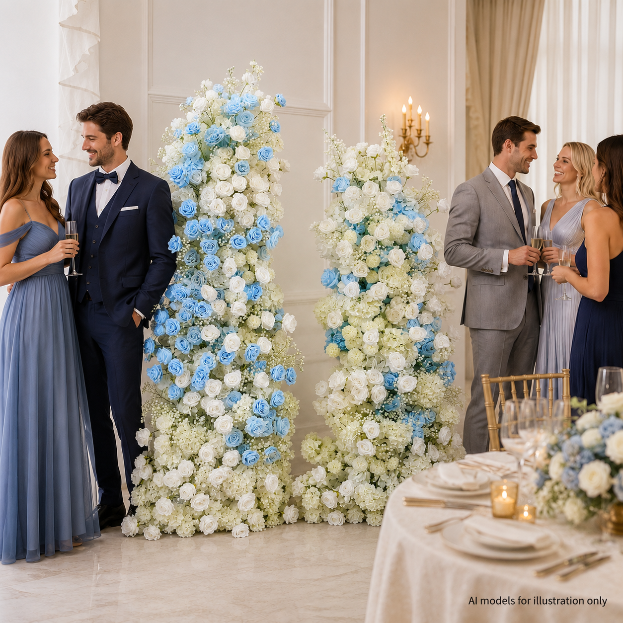 Blue White Rose Floral Pillar Arrangement, Artificial Flower Column Backdrop for Wedding Ceremony Arch, Baby Blue Hydrangea Flower Stand Decor, No Stand Included