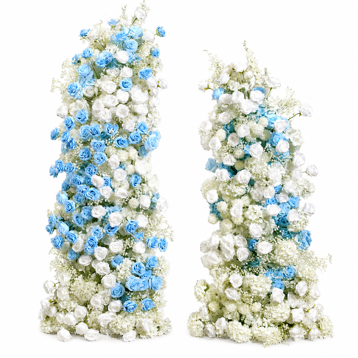 Blue White Rose Floral Pillar Arrangement, Artificial Flower Column Backdrop for Wedding Ceremony Arch, Baby Blue Hydrangea Flower Stand Decor, No Stand Included