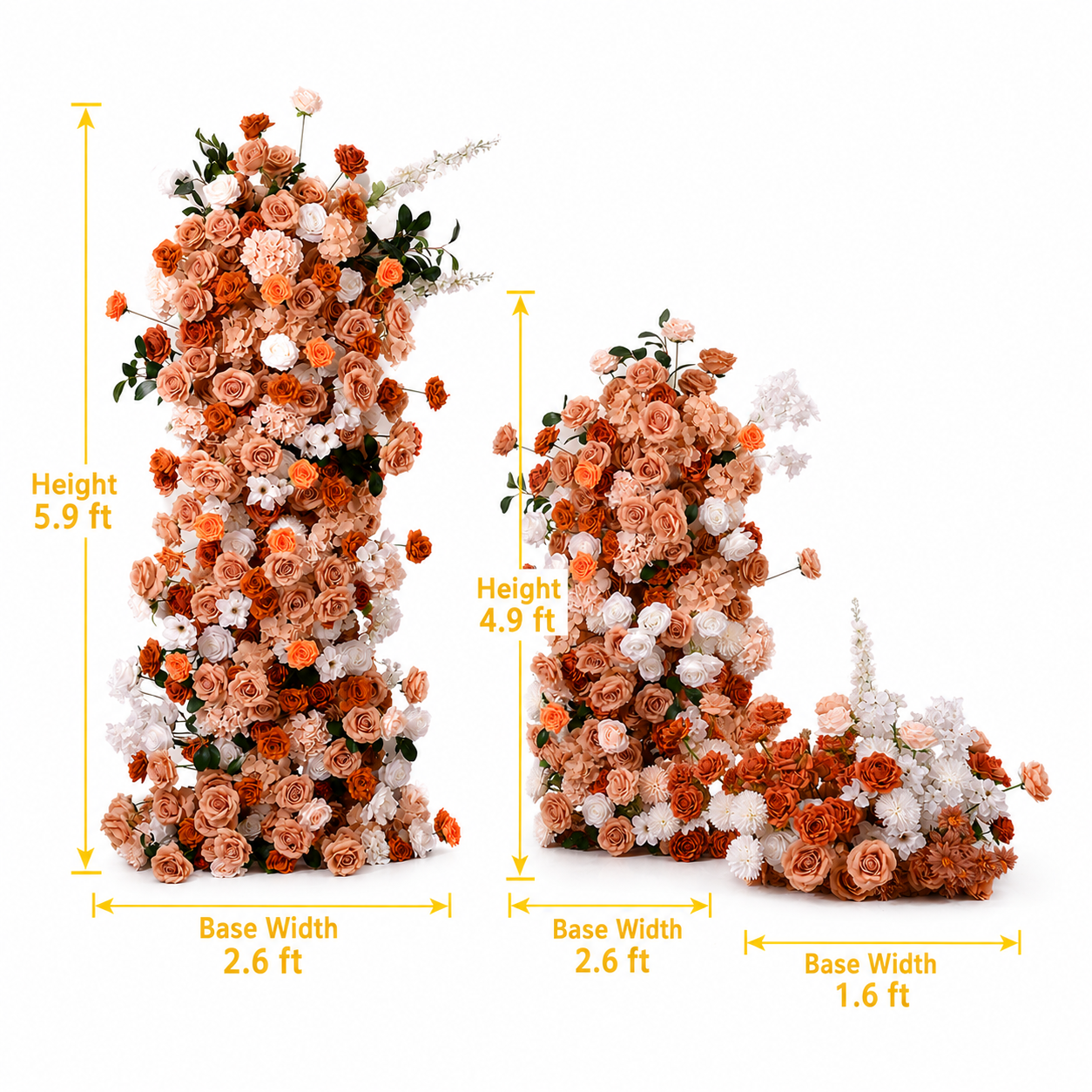 5.9ft & 4.9ft Terracotta Burnt Orange White Floral Pillar Arrangement Set, Artificial Rose Flower Column Backdrop for Fall Wedding Ceremony Arch, Boho Autumn Floral Stand Decor, Flower Only No Metal Stand Included