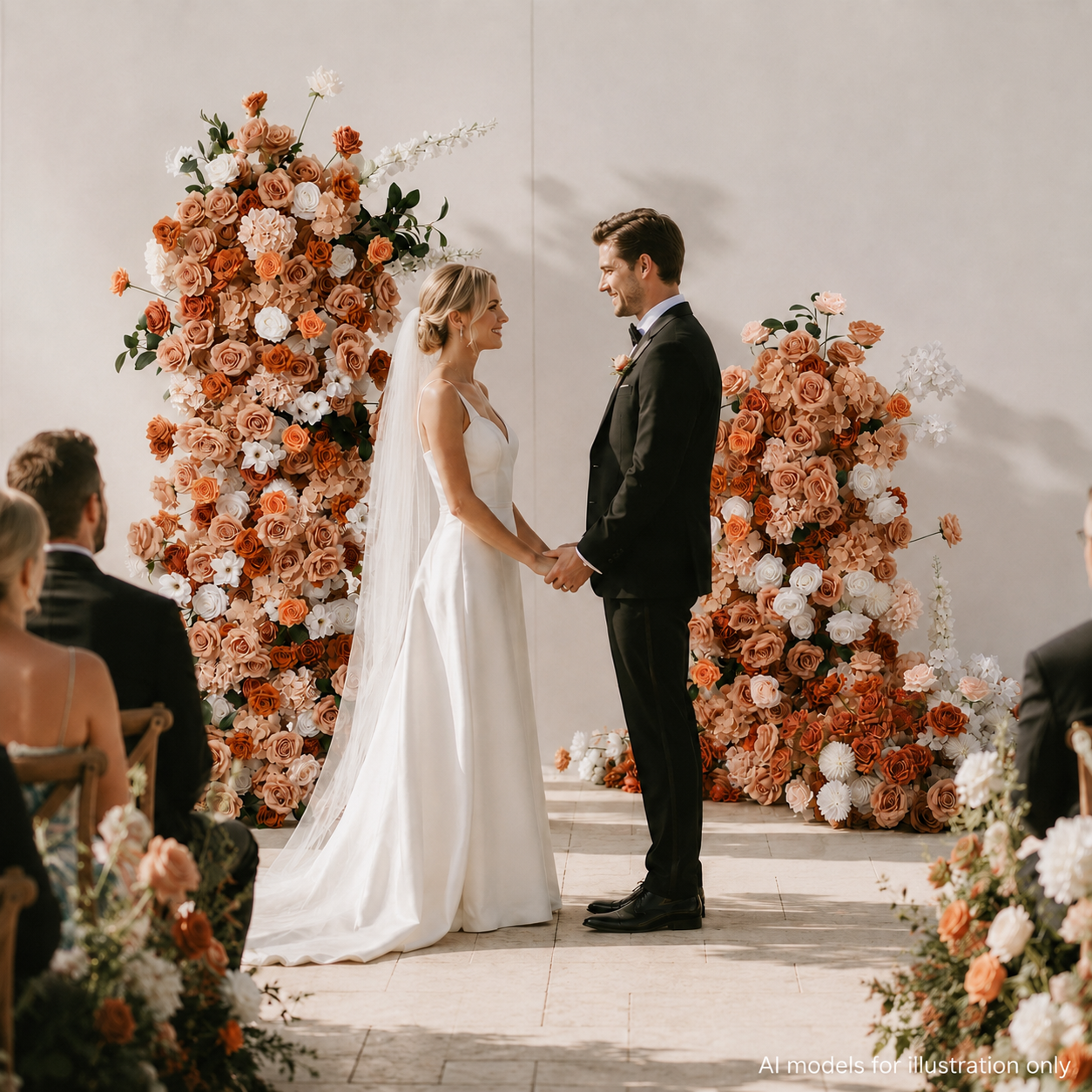 5.9ft & 4.9ft Terracotta Burnt Orange White Floral Pillar Arrangement Set, Artificial Rose Flower Column Backdrop for Fall Wedding Ceremony Arch, Boho Autumn Floral Stand Decor, Flower Only No Metal Stand Included