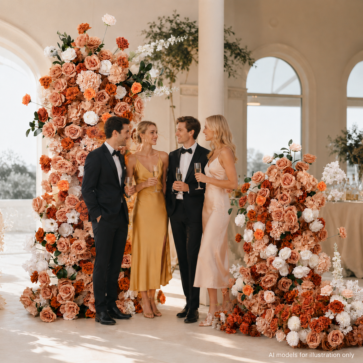 5.9ft & 4.9ft Terracotta Burnt Orange White Floral Pillar Arrangement Set, Artificial Rose Flower Column Backdrop for Fall Wedding Ceremony Arch, Boho Autumn Floral Stand Decor, Flower Only No Metal Stand Included