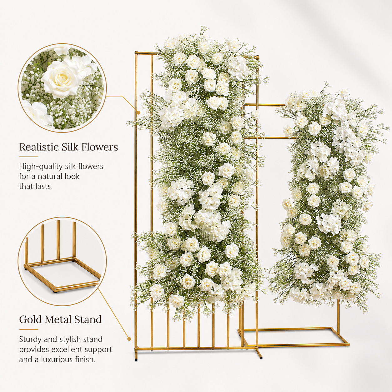 70.9in & 55.1in Hot Pink Orange Yellow Freestanding Floral Column Set, Artificial Rose Flower Pillar Backdrop for Summer Wedding Ceremony Arch, Vibrant Tropical Event Floral Decor, Built-In Stable Metal Frame Included