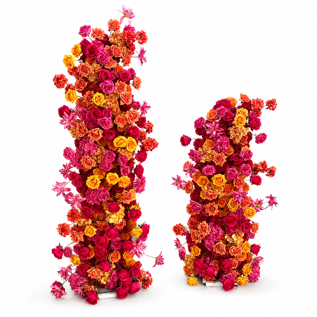 0.9in & 55.1in Hot Pink Orange Yellow Freestanding Floral Column Set, Artificial Rose Flower Pillar Backdrop for Wedding Ceremony Arch, Vibrant Summer Event Floral Stand Decor, Built-in Metal Frame Included