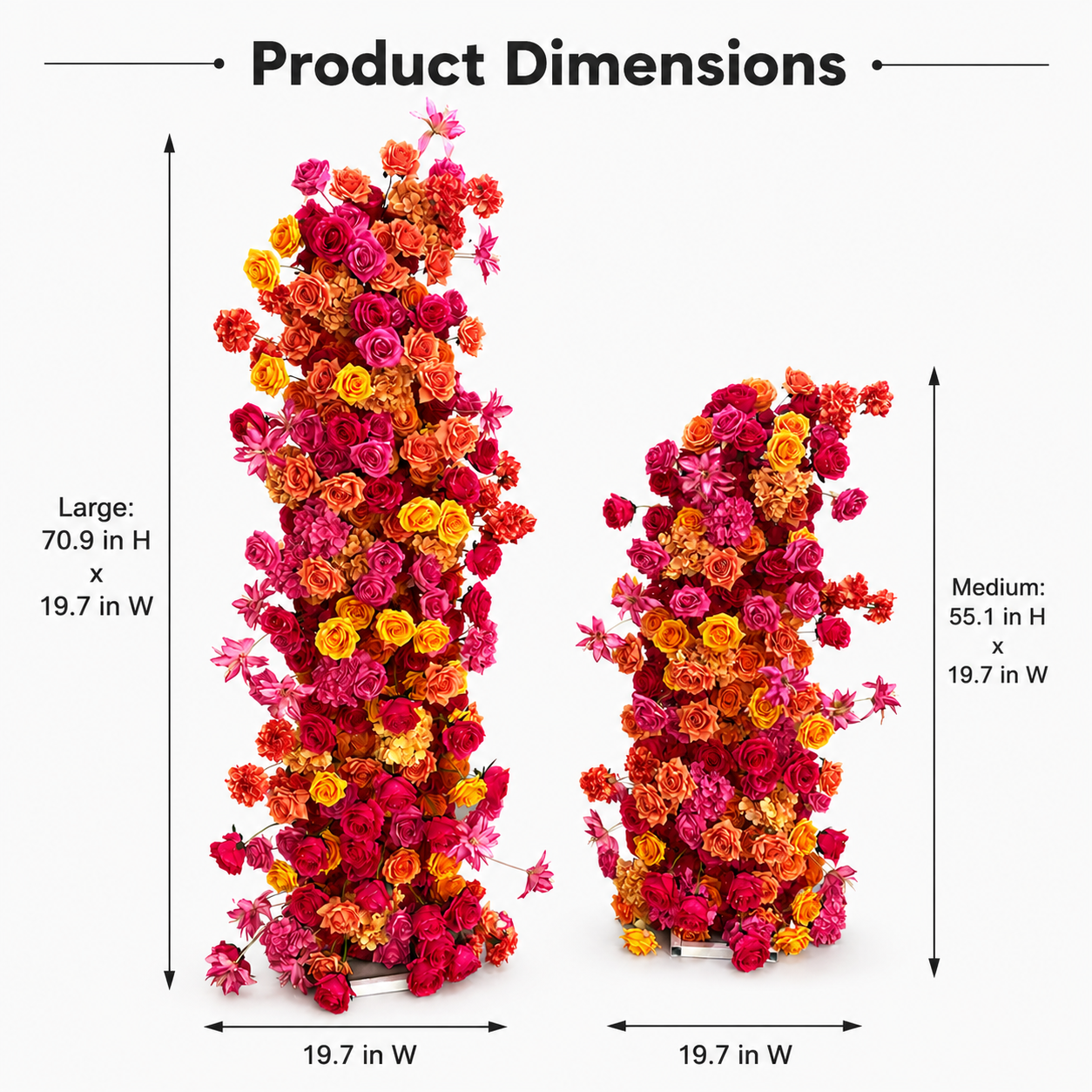 0.9in & 55.1in Hot Pink Orange Yellow Freestanding Floral Column Set, Artificial Rose Flower Pillar Backdrop for Wedding Ceremony Arch, Vibrant Summer Event Floral Stand Decor, Built-in Metal Frame Included
