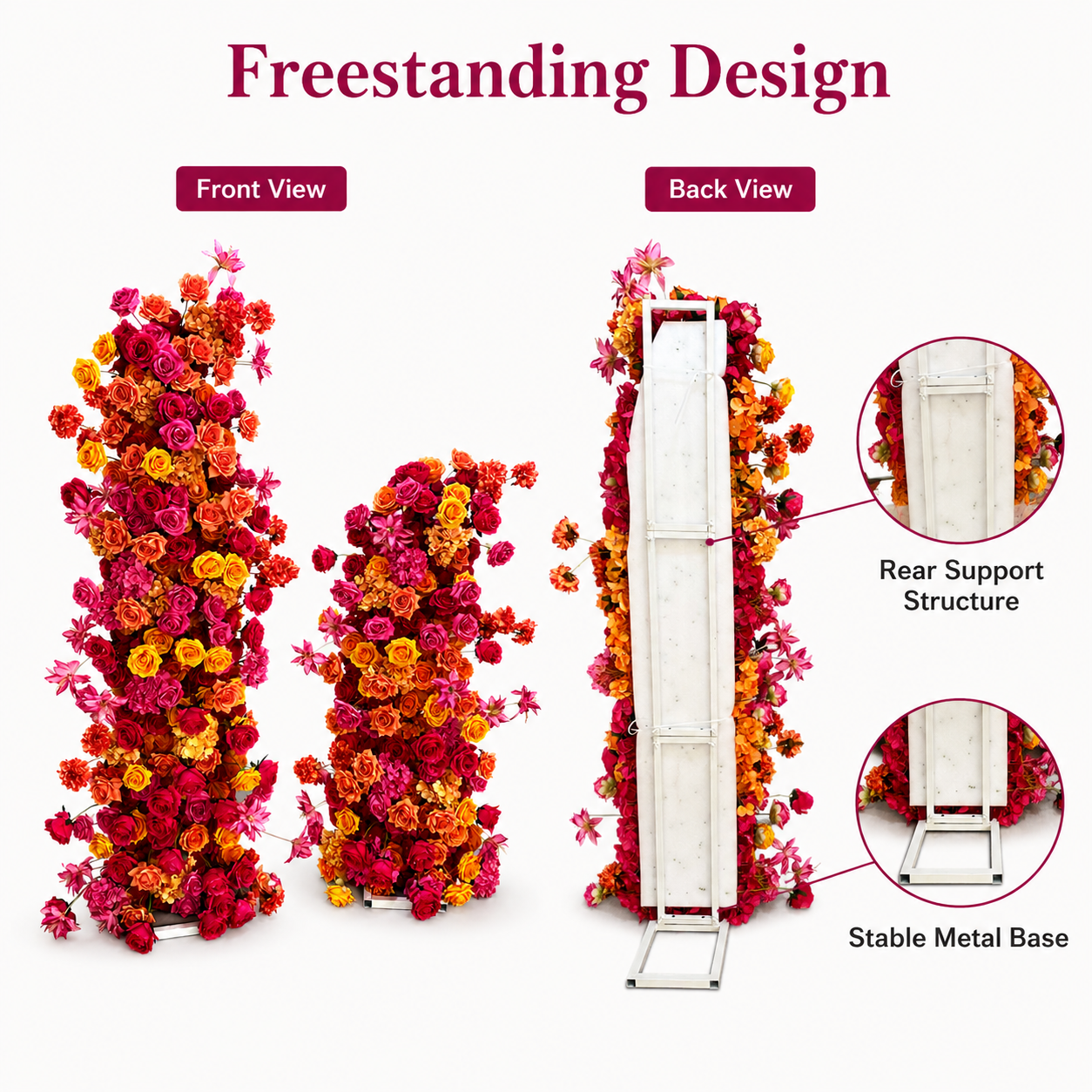 0.9in & 55.1in Hot Pink Orange Yellow Freestanding Floral Column Set, Artificial Rose Flower Pillar Backdrop for Wedding Ceremony Arch, Vibrant Summer Event Floral Stand Decor, Built-in Metal Frame Included