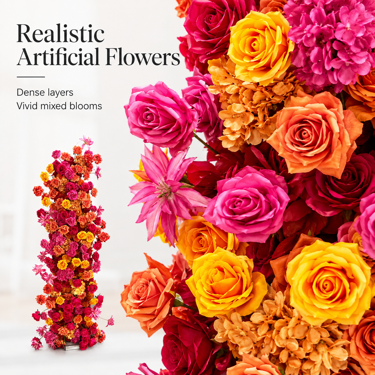 0.9in & 55.1in Hot Pink Orange Yellow Freestanding Floral Column Set, Artificial Rose Flower Pillar Backdrop for Wedding Ceremony Arch, Vibrant Summer Event Floral Stand Decor, Built-in Metal Frame Included