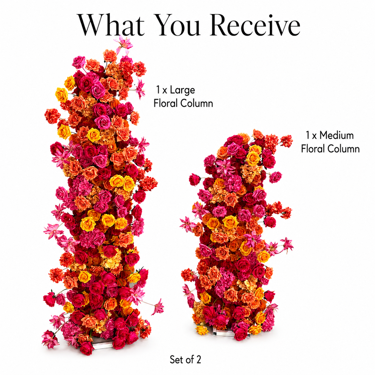 0.9in & 55.1in Hot Pink Orange Yellow Freestanding Floral Column Set, Artificial Rose Flower Pillar Backdrop for Wedding Ceremony Arch, Vibrant Summer Event Floral Stand Decor, Built-in Metal Frame Included