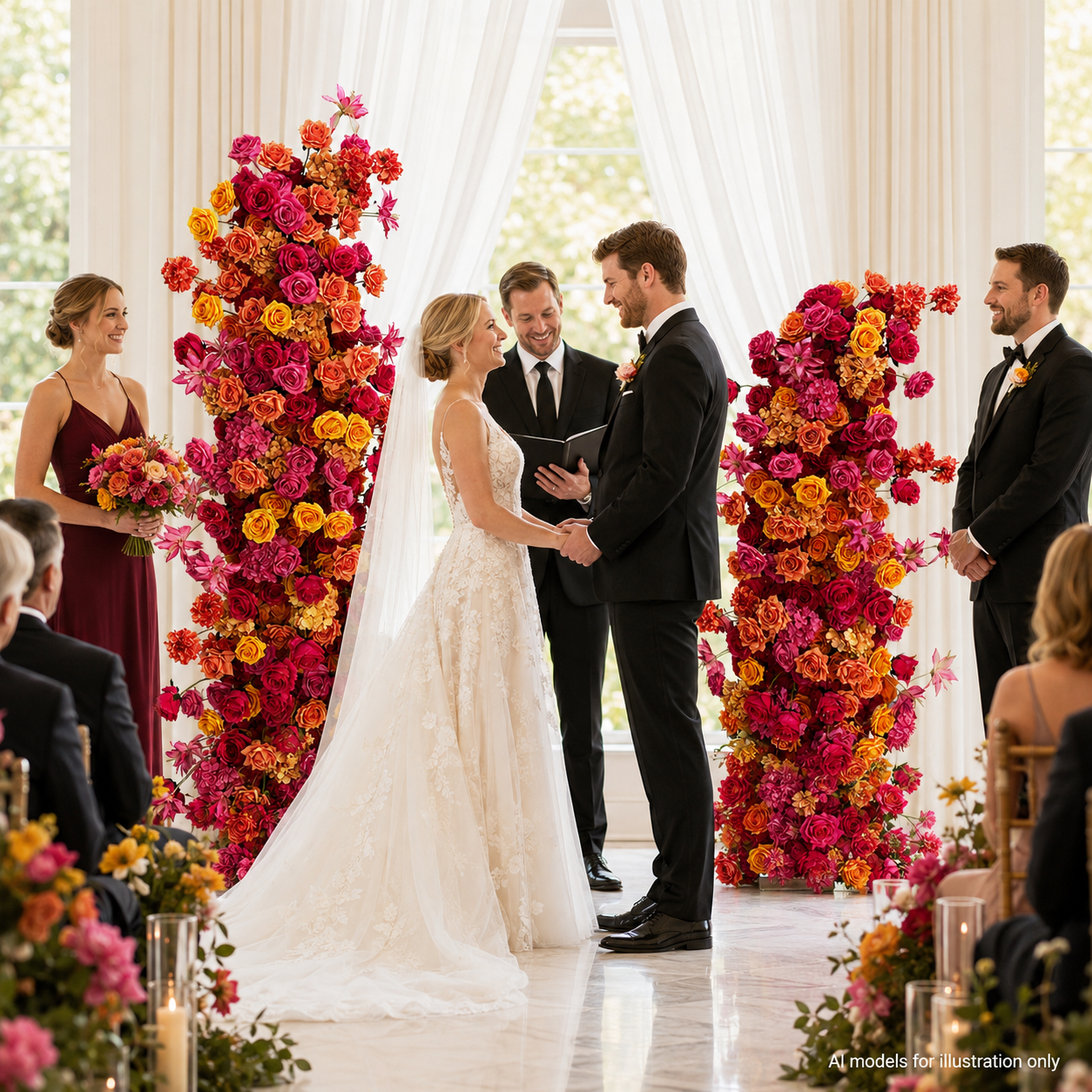 0.9in & 55.1in Hot Pink Orange Yellow Freestanding Floral Column Set, Artificial Rose Flower Pillar Backdrop for Wedding Ceremony Arch, Vibrant Summer Event Floral Stand Decor, Built-in Metal Frame Included