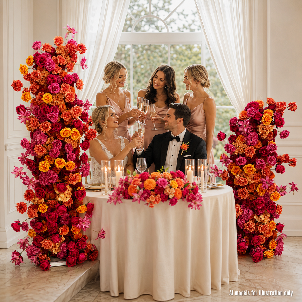 0.9in & 55.1in Hot Pink Orange Yellow Freestanding Floral Column Set, Artificial Rose Flower Pillar Backdrop for Wedding Ceremony Arch, Vibrant Summer Event Floral Stand Decor, Built-in Metal Frame Included