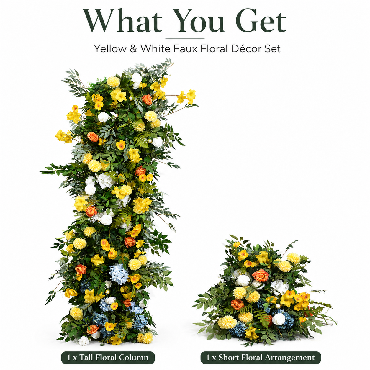 78.7in & 23.6in Yellow Greenery Floral Pillar Set, Sunflower Orange White Blue Artificial Flower Column Backdrop for Spring Wedding Ceremony Arch, Outdoor Garden Party Floral Decor, Flower Only No Stand Included