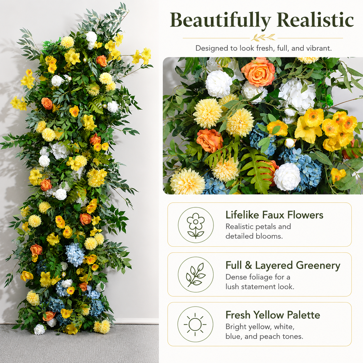 78.7in & 23.6in Yellow Greenery Floral Pillar Set, Sunflower Orange White Blue Artificial Flower Column Backdrop for Spring Wedding Ceremony Arch, Outdoor Garden Party Floral Decor, Flower Only No Stand Included