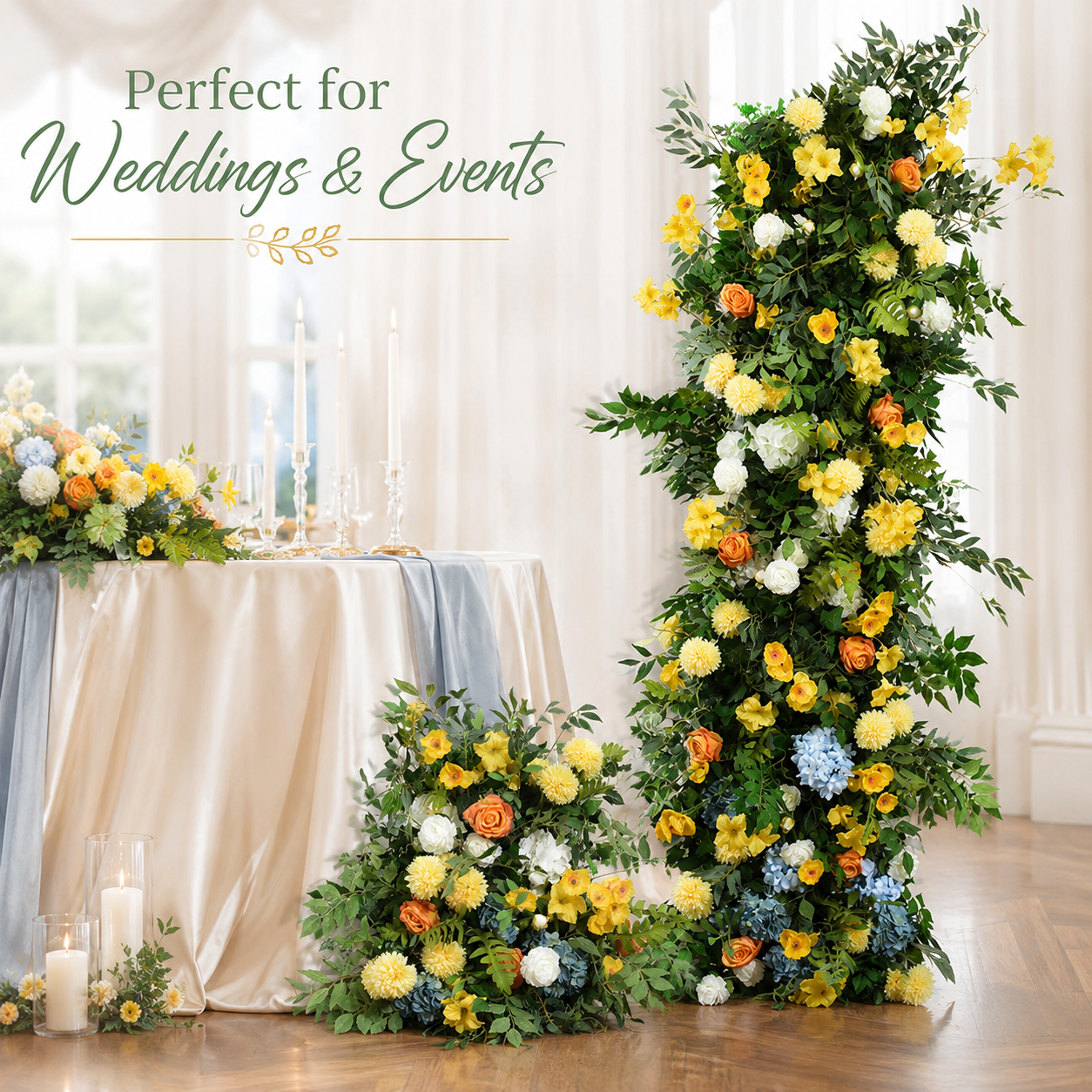 78.7in & 23.6in Yellow Greenery Floral Pillar Set, Sunflower Orange White Blue Artificial Flower Column Backdrop for Spring Wedding Ceremony Arch, Outdoor Garden Party Floral Decor, Flower Only No Stand Included