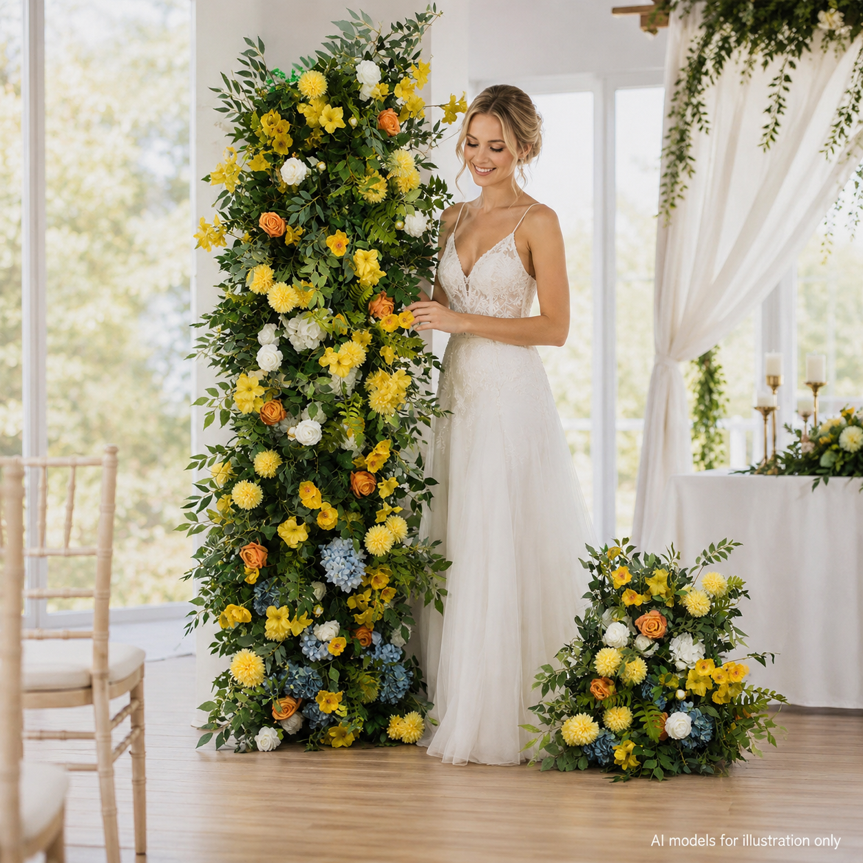 78.7in & 23.6in Yellow Greenery Floral Pillar Set, Sunflower Orange White Blue Artificial Flower Column Backdrop for Spring Wedding Ceremony Arch, Outdoor Garden Party Floral Decor, Flower Only No Stand Included
