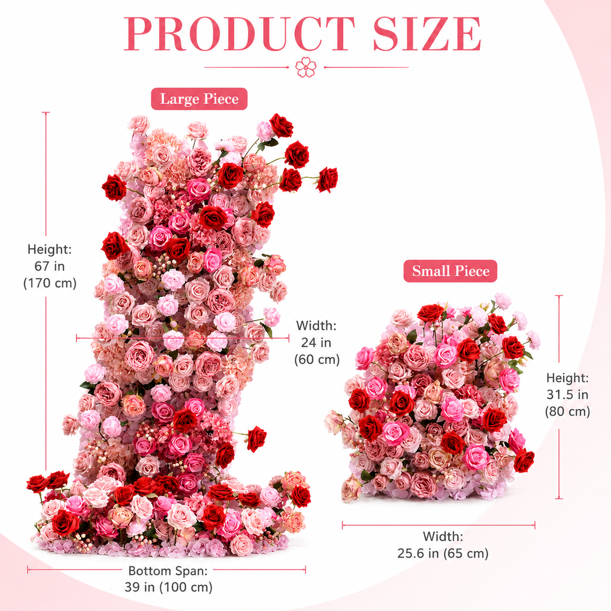 67in & 31.5in Pink Red Rose Floral Pillar Set, Dusty Blush Artificial Flower Column Backdrop for Wedding Welcome Arch, Bridal Shower Photo Booth Floral Decor, Flower Only No Stand Included