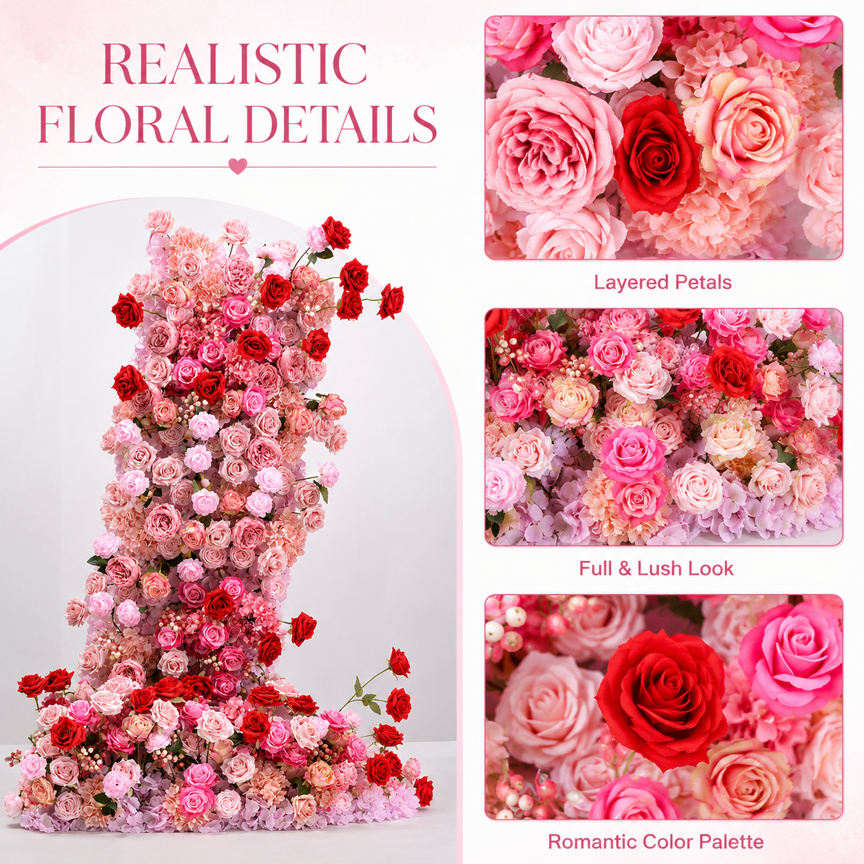 67in & 31.5in Pink Red Rose Floral Pillar Set, Dusty Blush Artificial Flower Column Backdrop for Wedding Welcome Arch, Bridal Shower Photo Booth Floral Decor, Flower Only No Stand Included