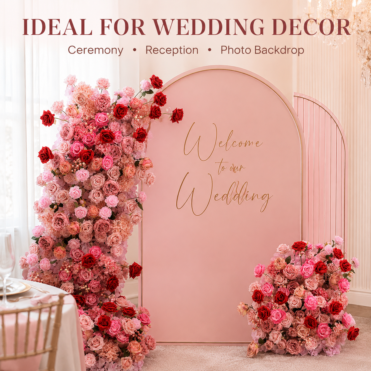 67in & 31.5in Pink Red Rose Floral Pillar Set, Dusty Blush Artificial Flower Column Backdrop for Wedding Welcome Arch, Bridal Shower Photo Booth Floral Decor, Flower Only No Stand Included