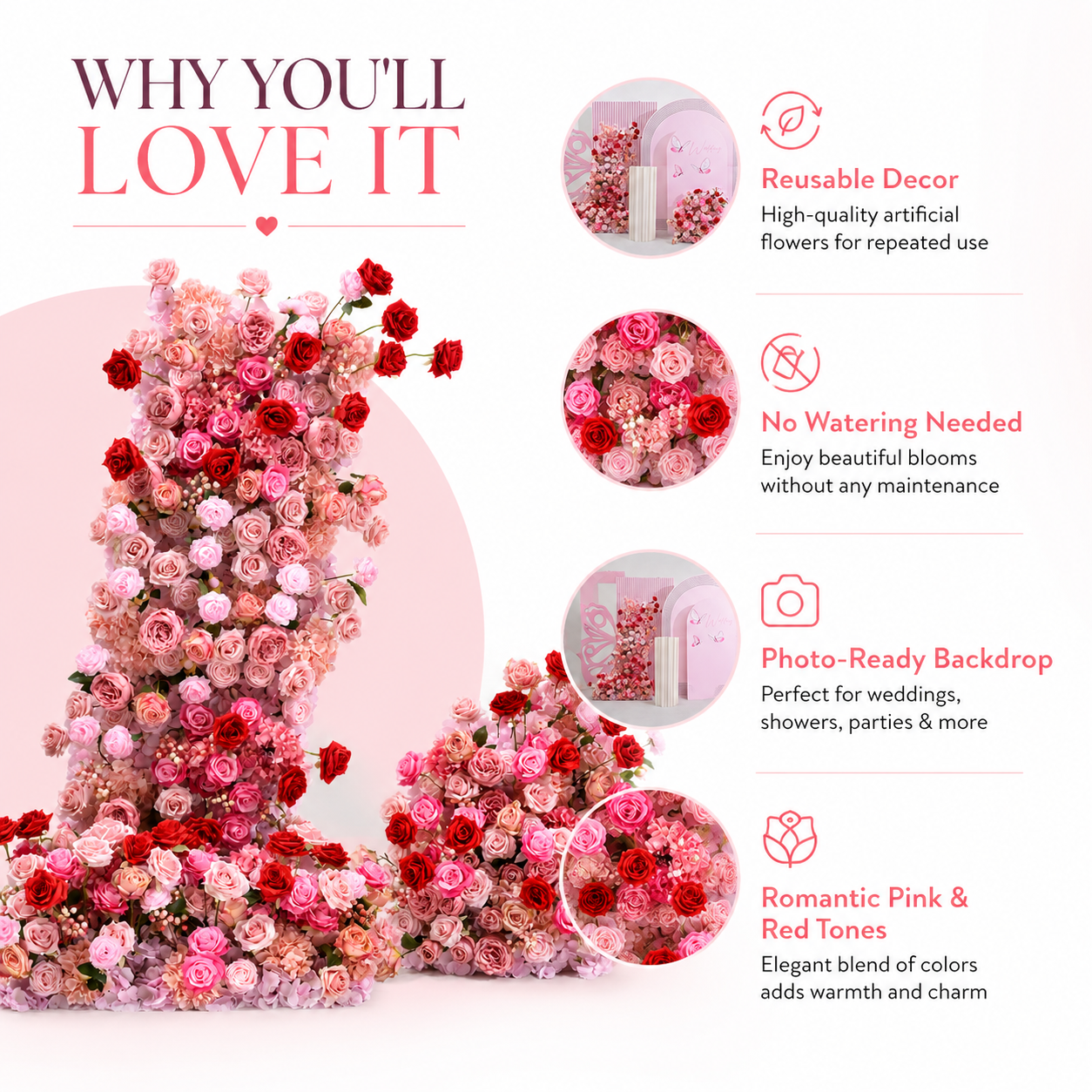 67in & 31.5in Pink Red Rose Floral Pillar Set, Dusty Blush Artificial Flower Column Backdrop for Wedding Welcome Arch, Bridal Shower Photo Booth Floral Decor, Flower Only No Stand Included