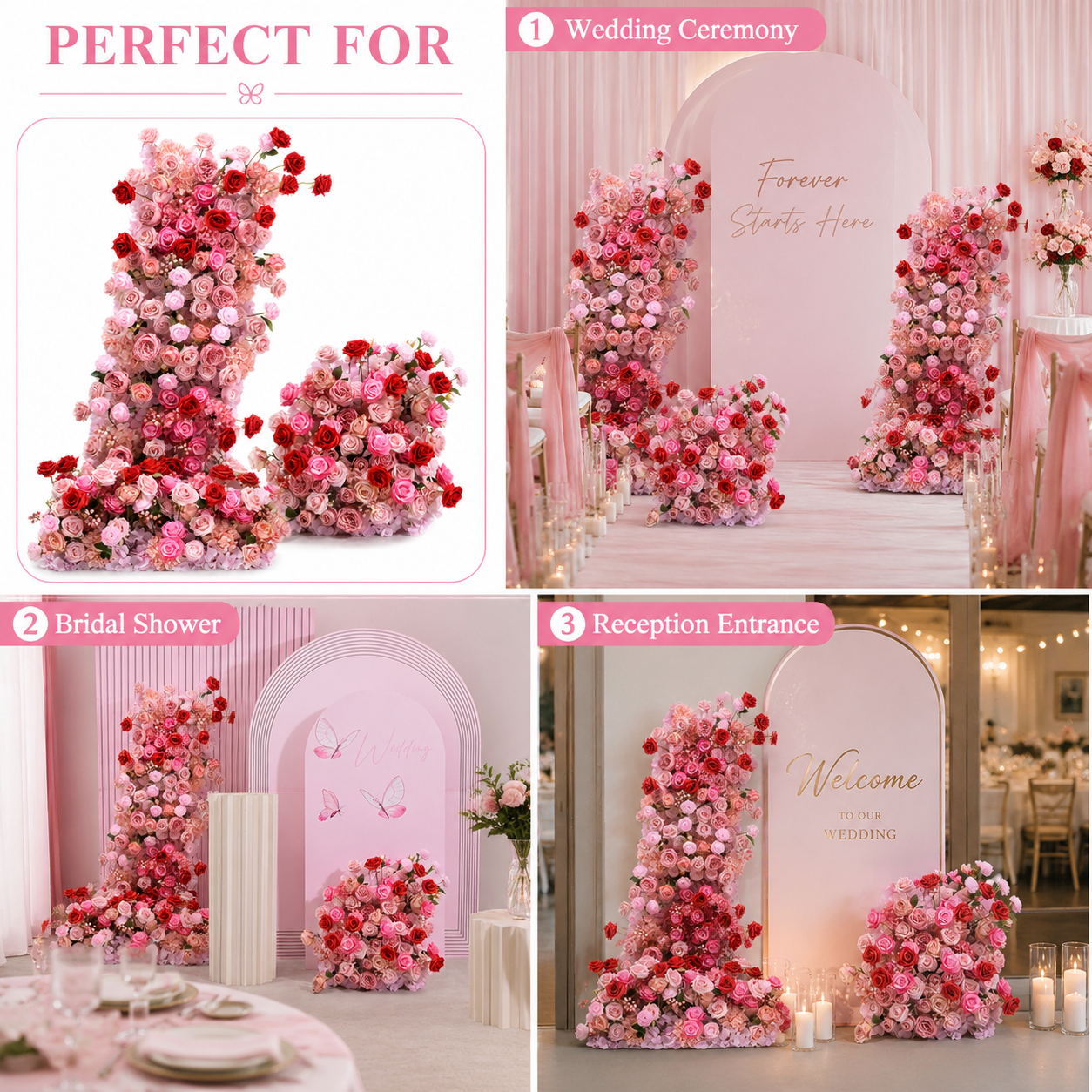 67in & 31.5in Pink Red Rose Floral Pillar Set, Dusty Blush Artificial Flower Column Backdrop for Wedding Welcome Arch, Bridal Shower Photo Booth Floral Decor, Flower Only No Stand Included