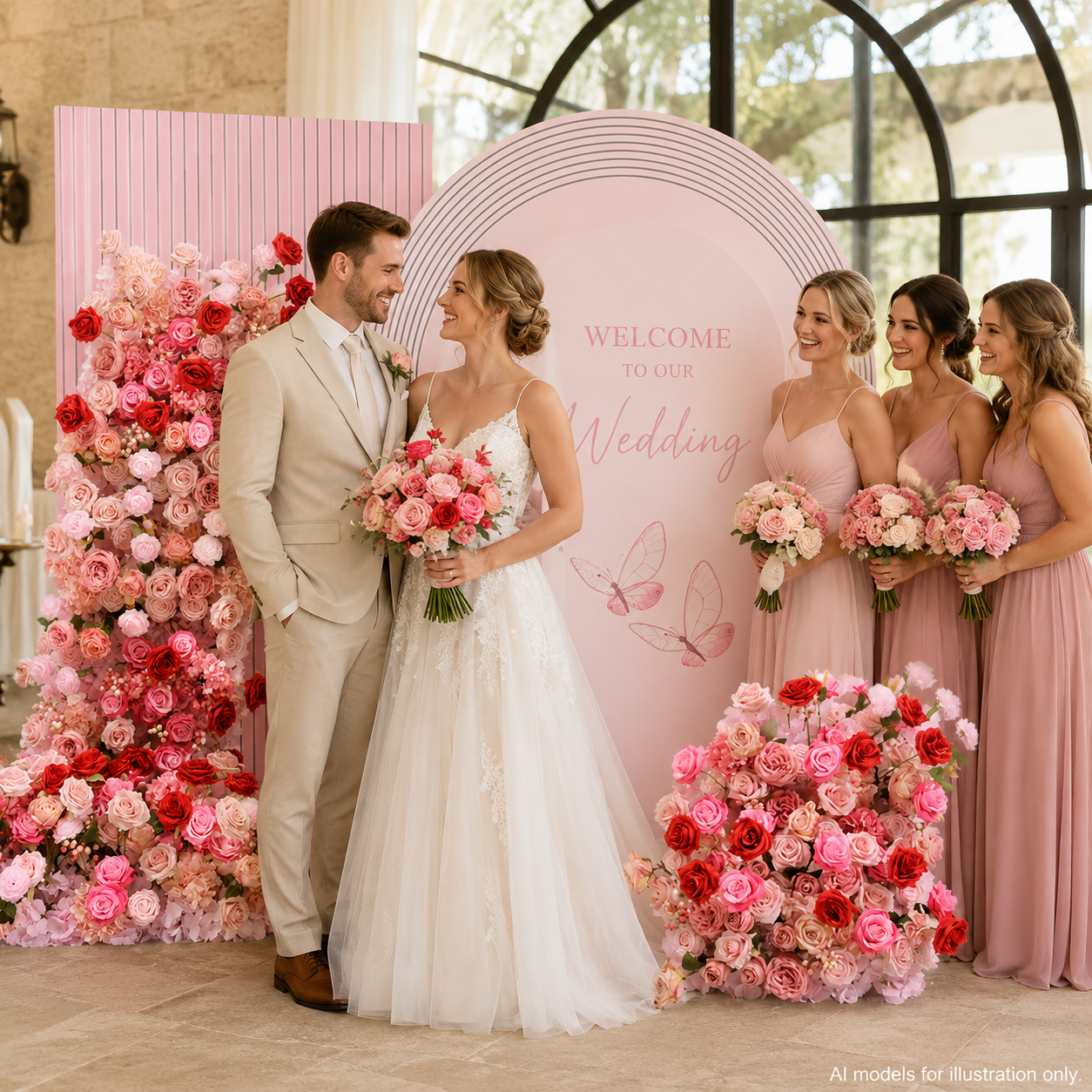67in & 31.5in Pink Red Rose Floral Pillar Set, Dusty Blush Artificial Flower Column Backdrop for Wedding Welcome Arch, Bridal Shower Photo Booth Floral Decor, Flower Only No Stand Included