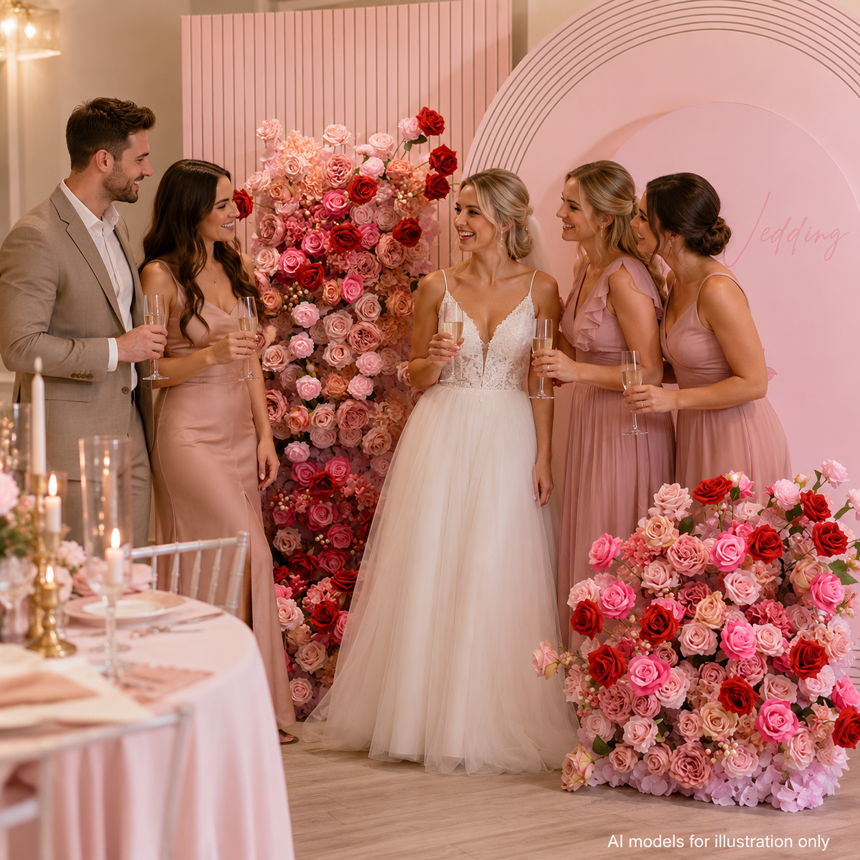 67in & 31.5in Pink Red Rose Floral Pillar Set, Dusty Blush Artificial Flower Column Backdrop for Wedding Welcome Arch, Bridal Shower Photo Booth Floral Decor, Flower Only No Stand Included