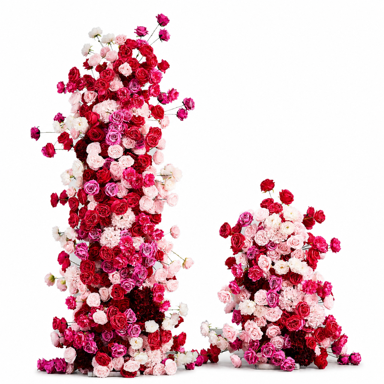 78.7in & 39.4in Red Pink White Floral Pillar Set, Burgundy Blush Artificial Rose Flower Column Backdrop for Wedding Ceremony Arch, Bridal Shower Reception Entrance Floral Decor, Flowers Only Without Metal Stand