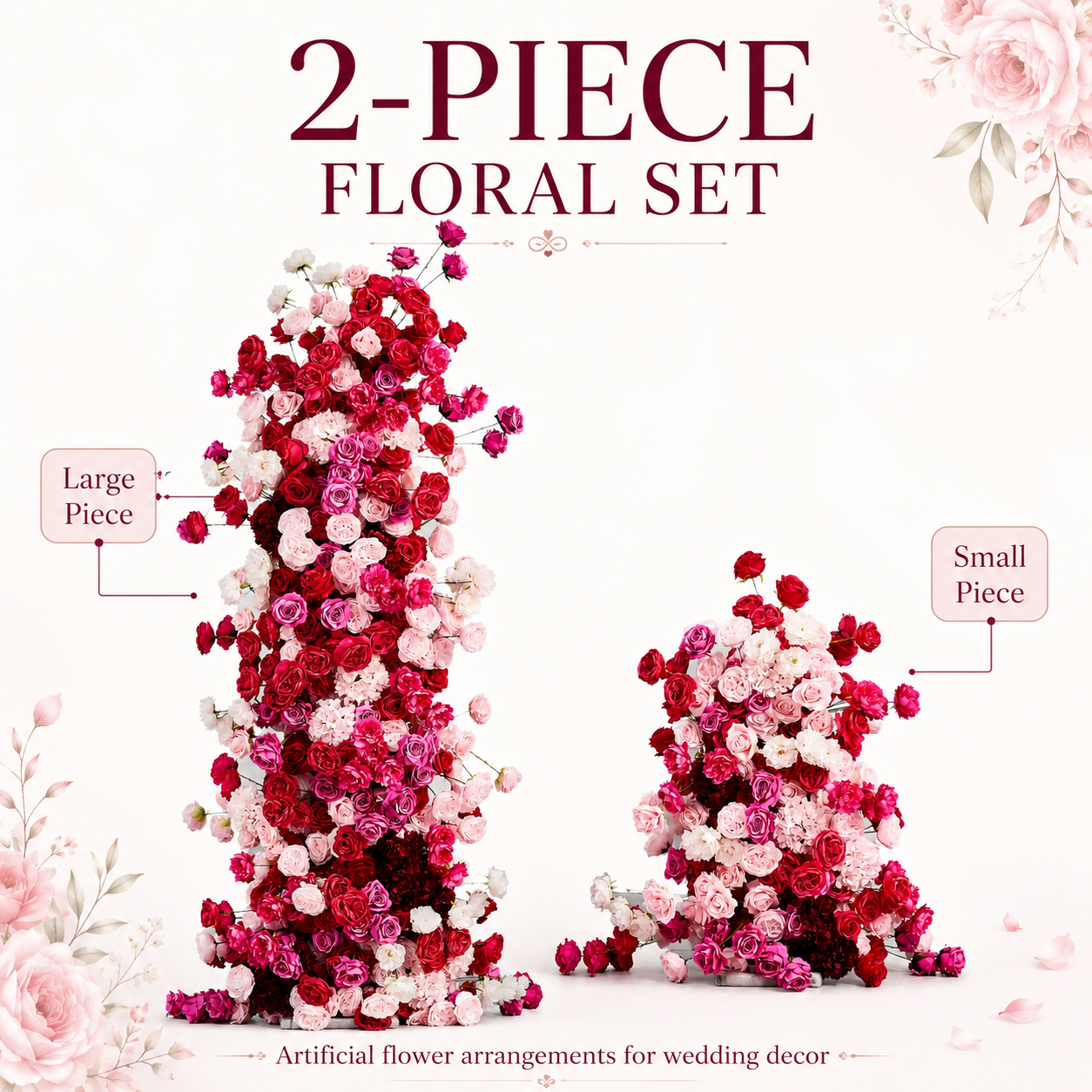 78.7in & 39.4in Red Pink White Floral Pillar Set, Burgundy Blush Artificial Rose Flower Column Backdrop for Wedding Ceremony Arch, Bridal Shower Reception Entrance Floral Decor, Flowers Only Without Metal Stand