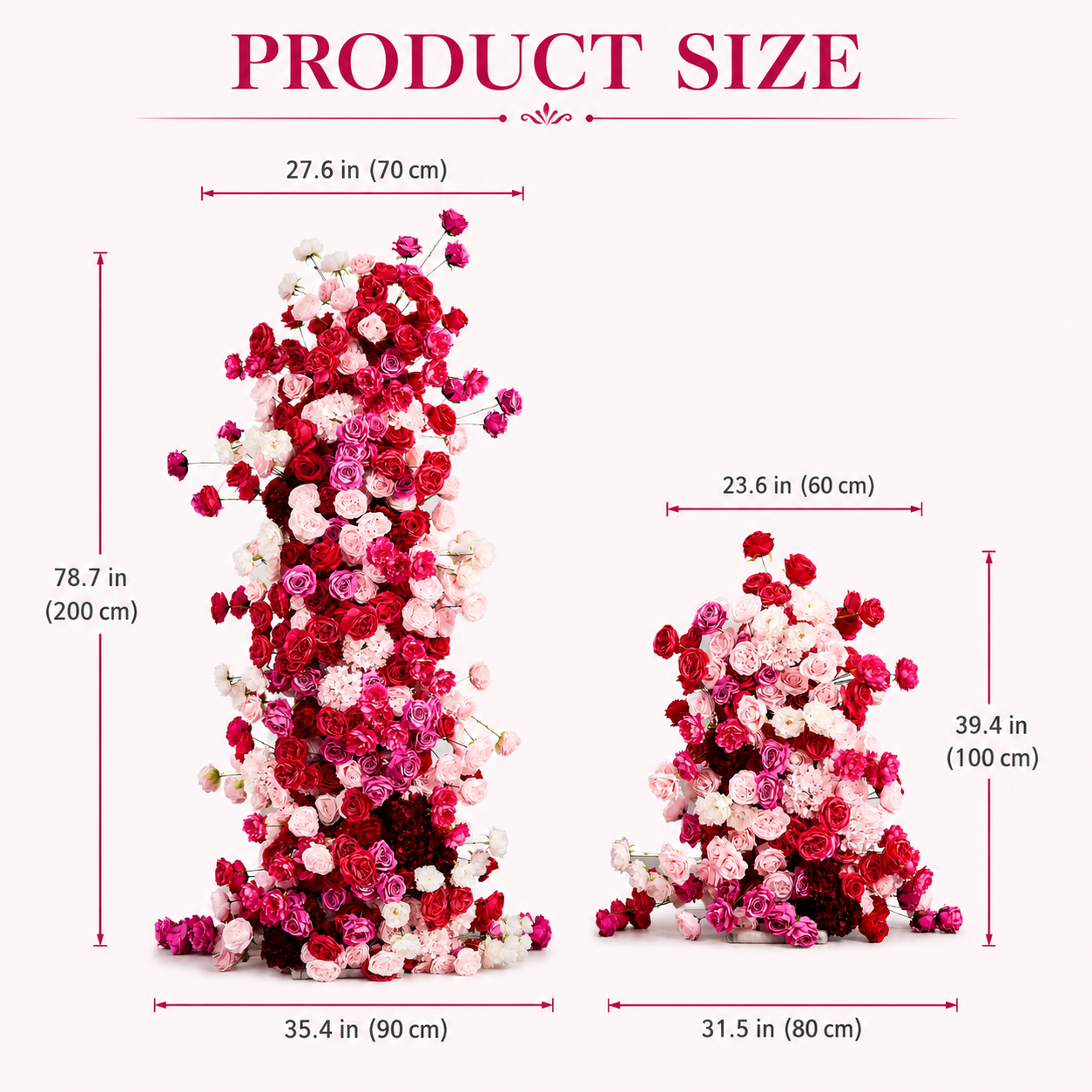 78.7in & 39.4in Red Pink White Floral Pillar Set, Burgundy Blush Artificial Rose Flower Column Backdrop for Wedding Ceremony Arch, Bridal Shower Reception Entrance Floral Decor, Flowers Only Without Metal Stand