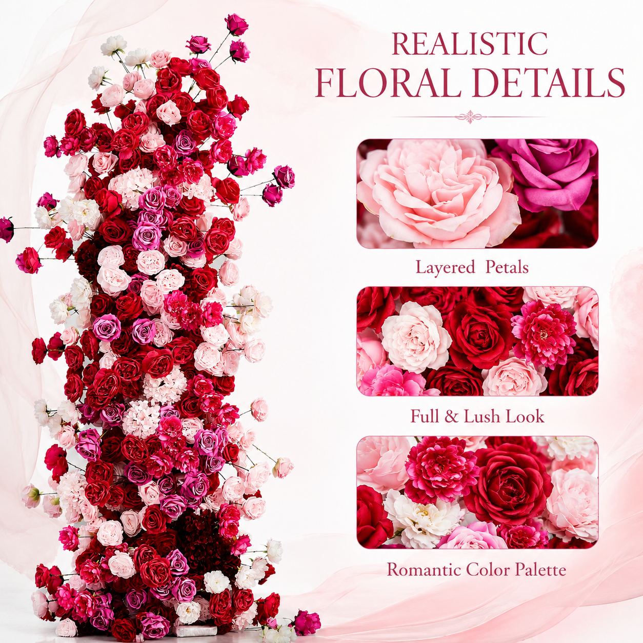 78.7in & 39.4in Red Pink White Floral Pillar Set, Burgundy Blush Artificial Rose Flower Column Backdrop for Wedding Ceremony Arch, Bridal Shower Reception Entrance Floral Decor, Flowers Only Without Metal Stand
