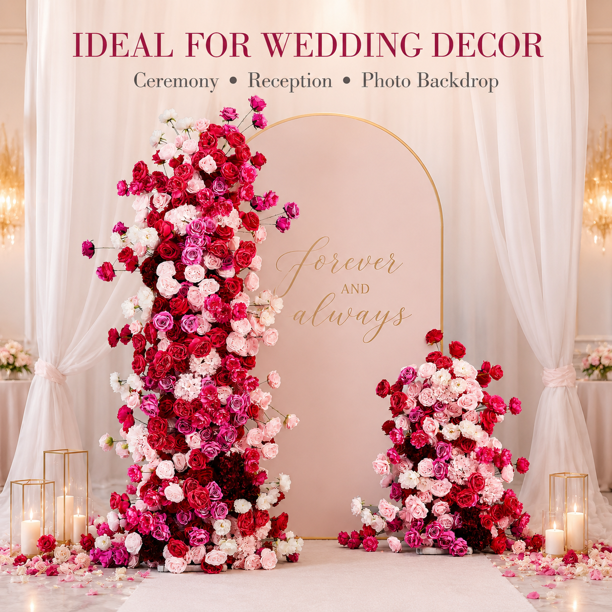 78.7in & 39.4in Red Pink White Floral Pillar Set, Burgundy Blush Artificial Rose Flower Column Backdrop for Wedding Ceremony Arch, Bridal Shower Reception Entrance Floral Decor, Flowers Only Without Metal Stand