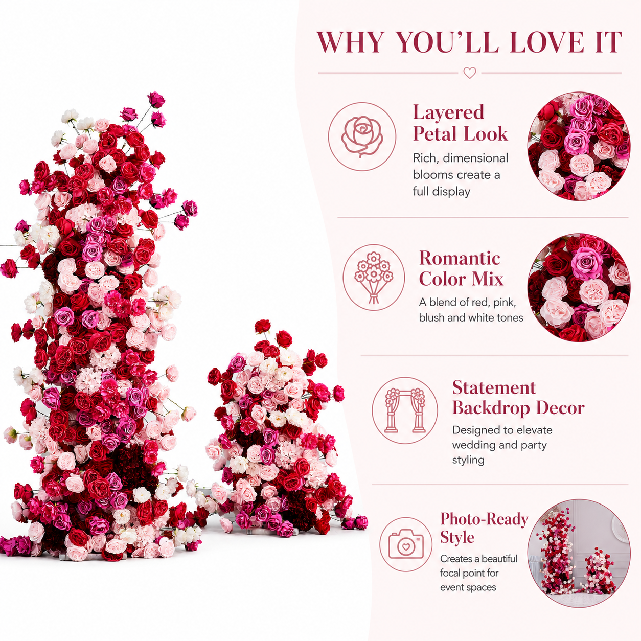 78.7in & 39.4in Red Pink White Floral Pillar Set, Burgundy Blush Artificial Rose Flower Column Backdrop for Wedding Ceremony Arch, Bridal Shower Reception Entrance Floral Decor, Flowers Only Without Metal Stand